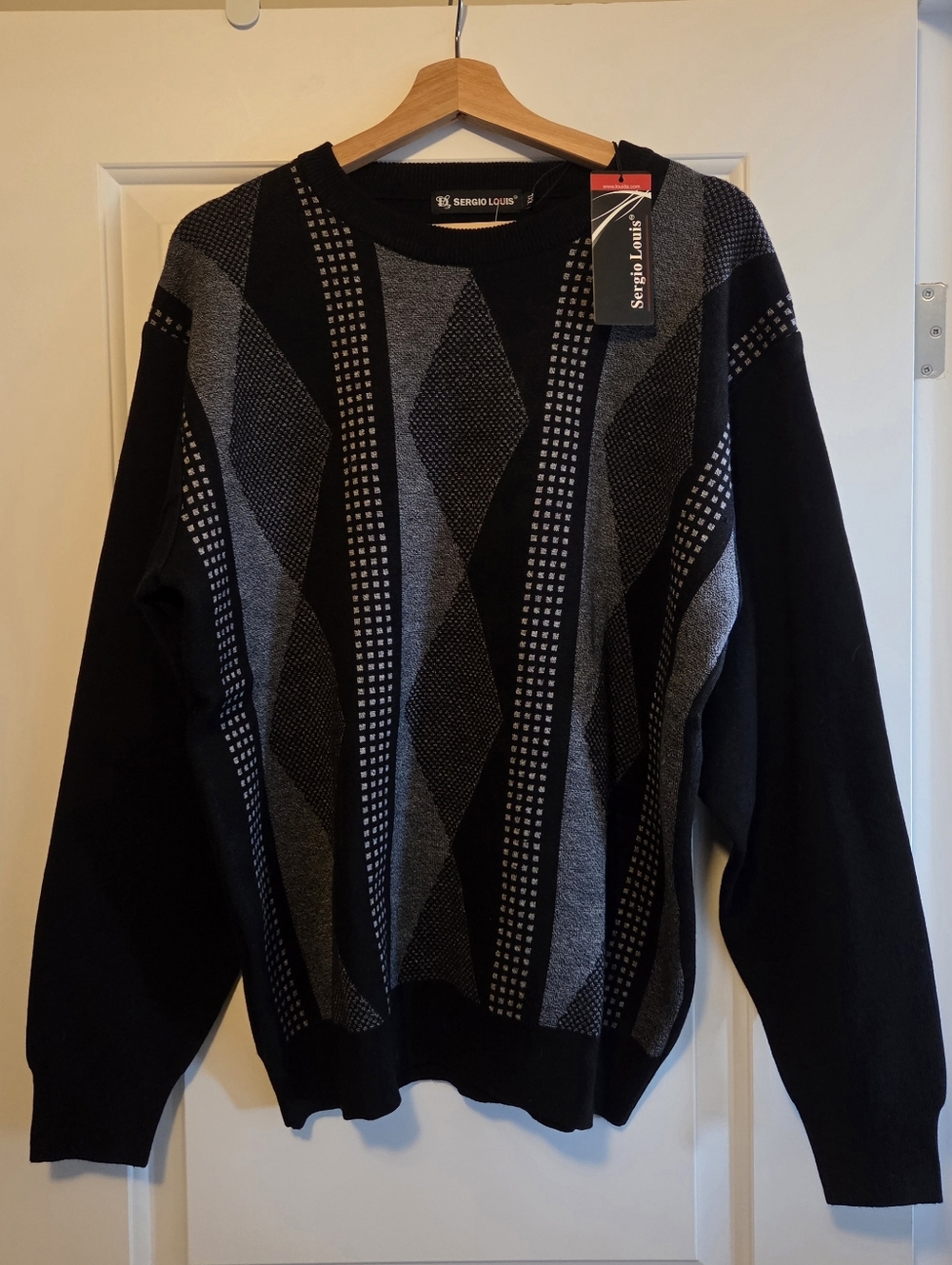 Men’s Black & Gray Patterned Sergio Louis Wool Crew Sweater